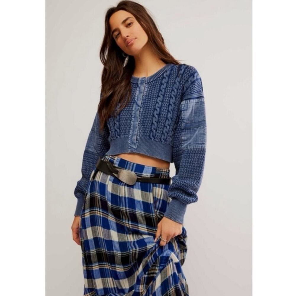 Free People Patchwork Chunky Cable Knit Heritage Cardi Cardigan Sweater Medium